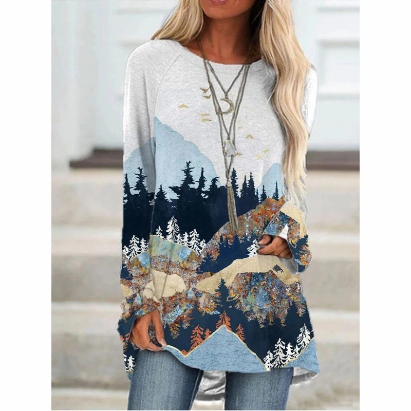 European and American New Wish Amazon Aliexpress Women's Fashion Clothing Landscape Printing Long-Sleeved T-shirt Blouse