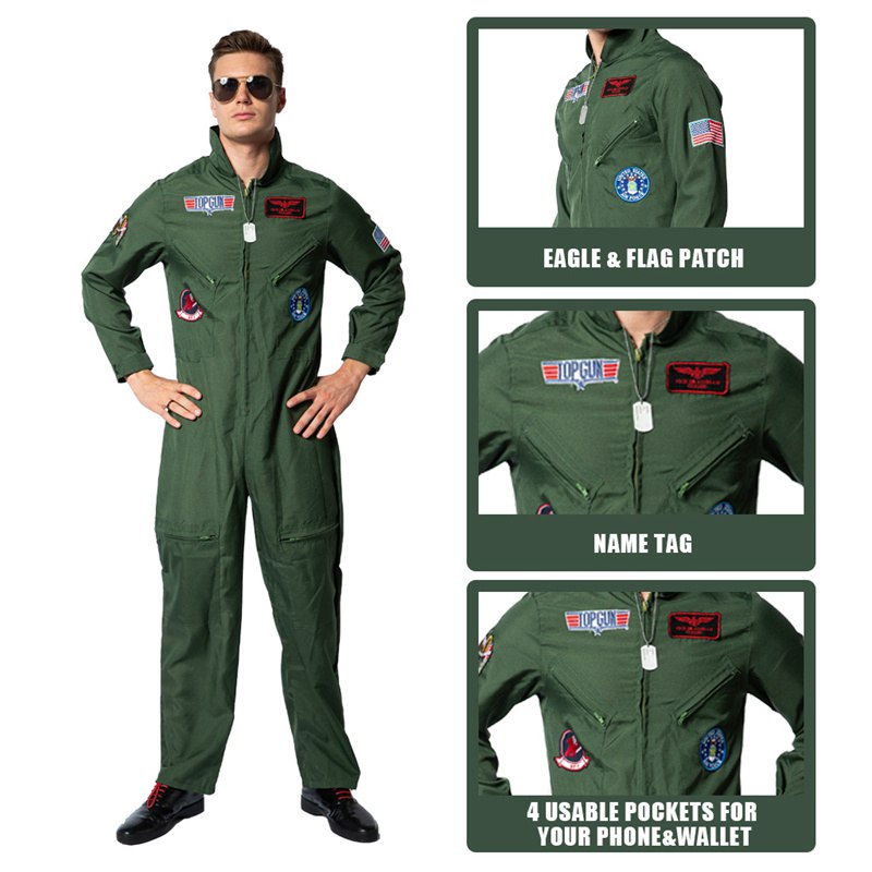 Retro Top Gun Maverick Flight Dress Halloween Costume For Adult Army Green American Military Pilot Uniform Kids Group Cosplay - Image 8