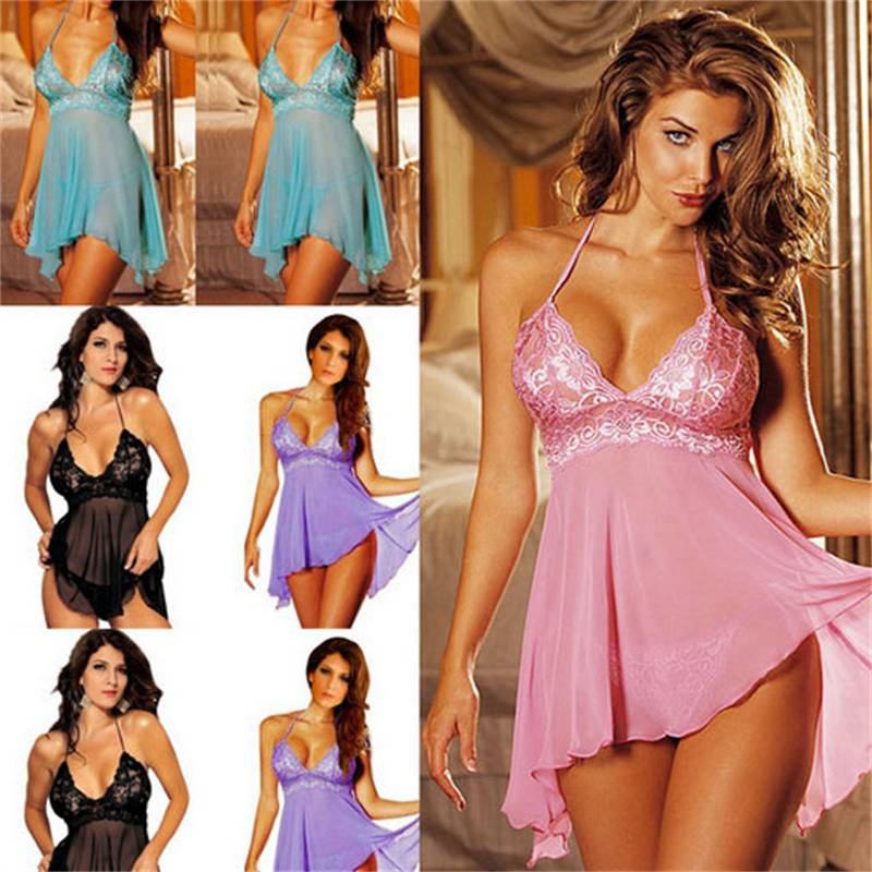Cross-Border Foreign Trade Sexy Lingerie European and American Sexy Underwear Women's See-through Pajamas Halter plus Size Nightdress