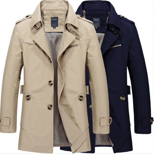 2024 Spring and Autumn Pure Cotton Washed Men's Polo Collar Jacket Top Casual Mid-Length Trench Coat Men's Jacket Jacket