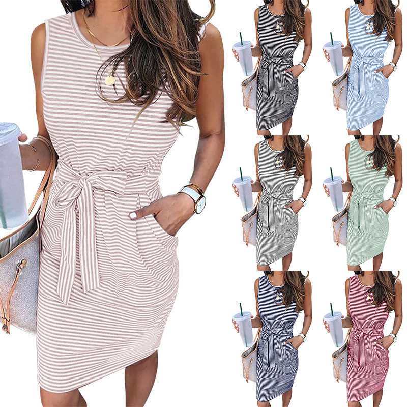2024 Amazon Spring and Summer New Cross-Border Foreign Trade round Neck Sleeveless Striped T-shirt Tie Waist Vest Dress Women's Clothing