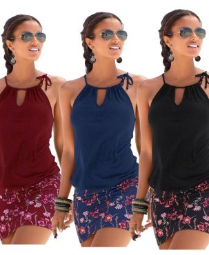 European and American New Women's Clothes Solid Color Stitching Printing Elastic Waist Loose Dress Women's Beach Casual Dress 8976