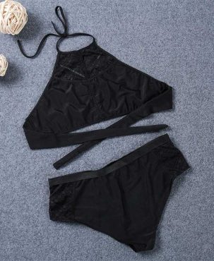 Amazon AliExpress Sexy Solid Color Halterneck with Suspenders plus Size Split Swimsuit Sc3308 Bikini European and American Swimsuit