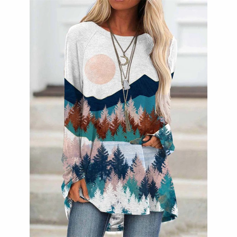 European and American New Wish Amazon Aliexpress Women's Fashion Clothing Landscape Printing Long-Sleeved T-shirt Blouse - Image 5