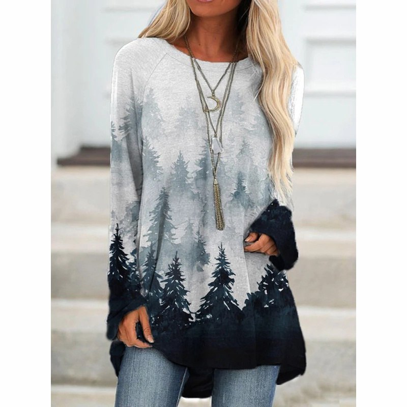 European and American New Wish Amazon Aliexpress Women's Fashion Clothing Landscape Printing Long-Sleeved T-shirt Blouse - Image 6