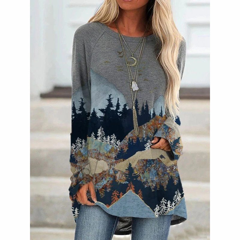 European and American New Wish Amazon Aliexpress Women's Fashion Clothing Landscape Printing Long-Sleeved T-shirt Blouse - Image 7