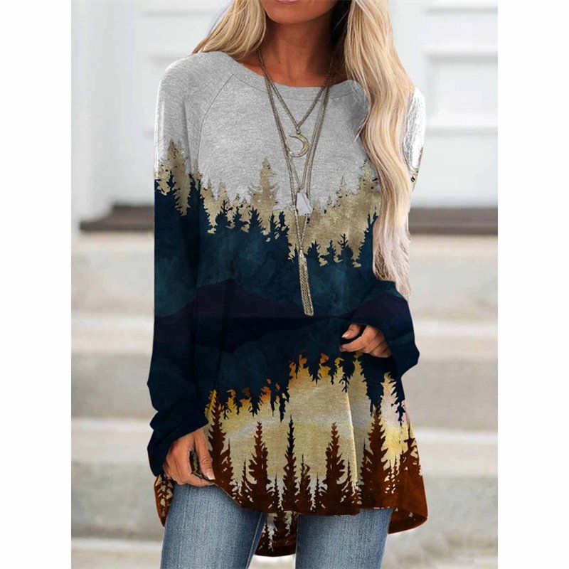 European and American New Wish Amazon Aliexpress Women's Fashion Clothing Landscape Printing Long-Sleeved T-shirt Blouse - Image 8