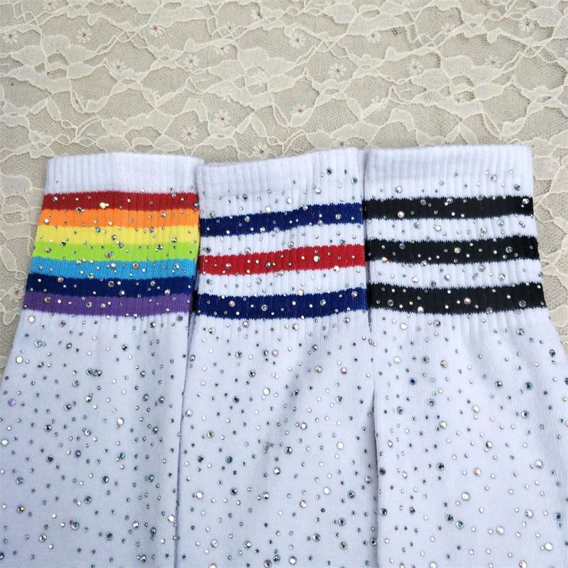 AliExpress Sexy Rhinestone Knee Socks Striped Women's Stockings Rhinestone Socks European and American High-Top Cotton Socks Factory Wholesale - Image 9