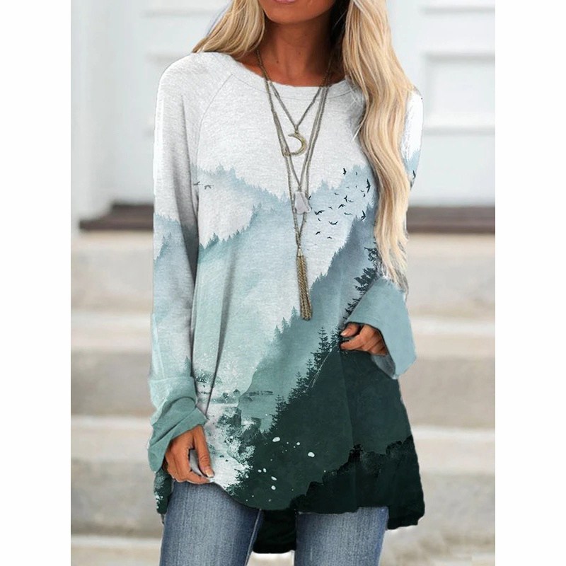European and American New Wish Amazon Aliexpress Women's Fashion Clothing Landscape Printing Long-Sleeved T-shirt Blouse - Image 10
