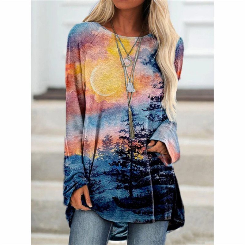 European and American New Wish Amazon Aliexpress Women's Fashion Clothing Landscape Printing Long-Sleeved T-shirt Blouse - Image 11