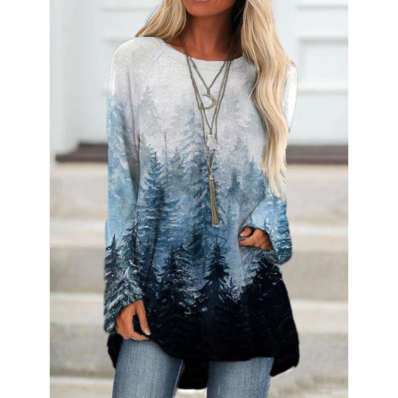 European and American New Wish Amazon Aliexpress Women's Fashion Clothing Landscape Printing Long-Sleeved T-shirt Blouse - Image 12