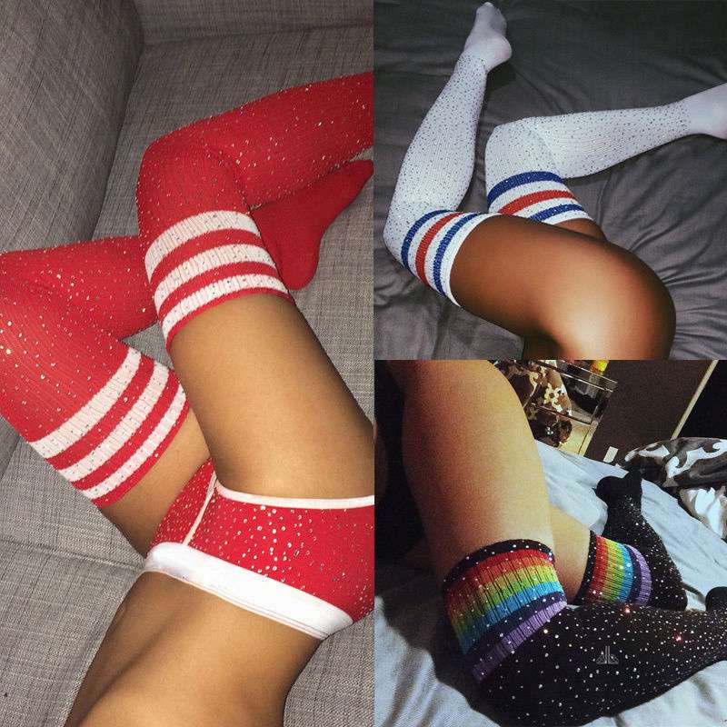 AliExpress Sexy Rhinestone Knee Socks Striped Women's Stockings Rhinestone Socks European and American High-Top Cotton Socks Factory Wholesale - Image 12