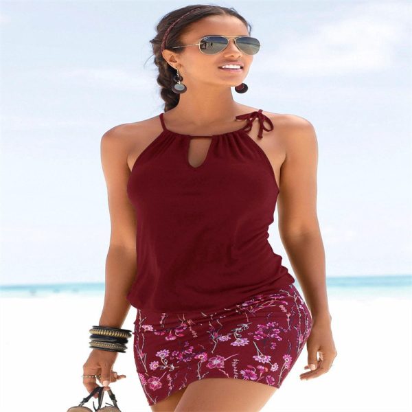 European and American New Women's Clothes Solid Color Stitching Printing Elastic Waist Loose Dress Women's Beach Casual Dress 8976 - Image 3