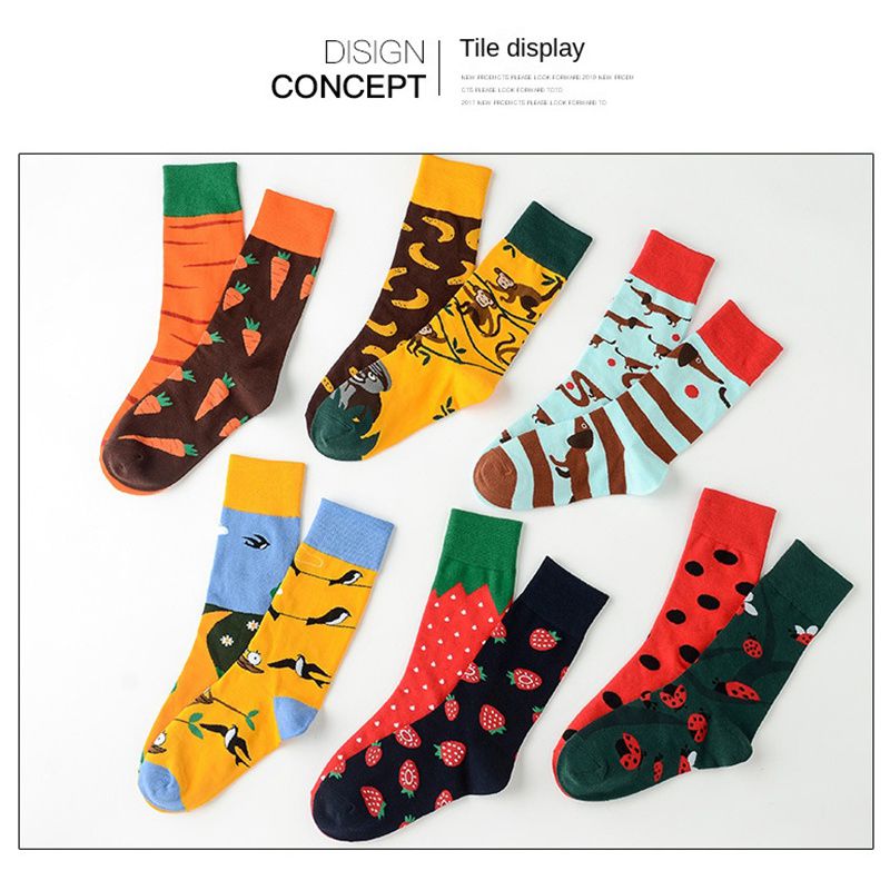 Autumn and Winter New Creative Couple AB Trendy Socks Fashion Personality Trend Cartoon Jacquard Mid-Calf Asymmetric Cotton Socks - Image 9