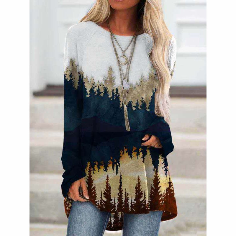 European and American New Wish Amazon Aliexpress Women's Fashion Clothing Landscape Printing Long-Sleeved T-shirt Blouse - Image 13