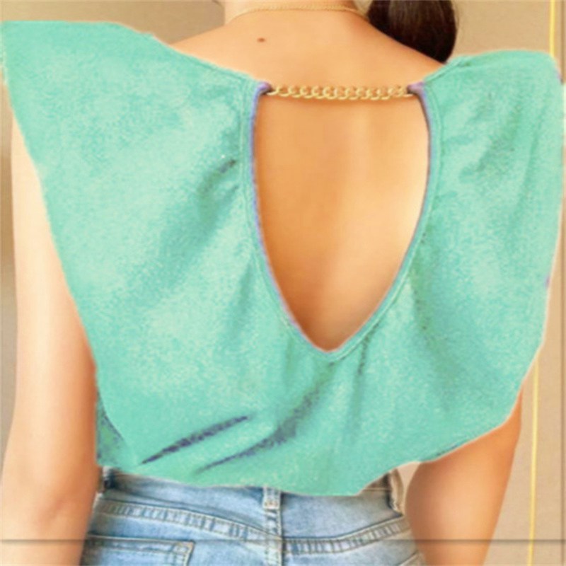 Padded Shoulder Chain Backless T-shirt Female European and American Spring and Summer Leisure Comfortable Elegant Fashion Loose Outer Tops - Image 7