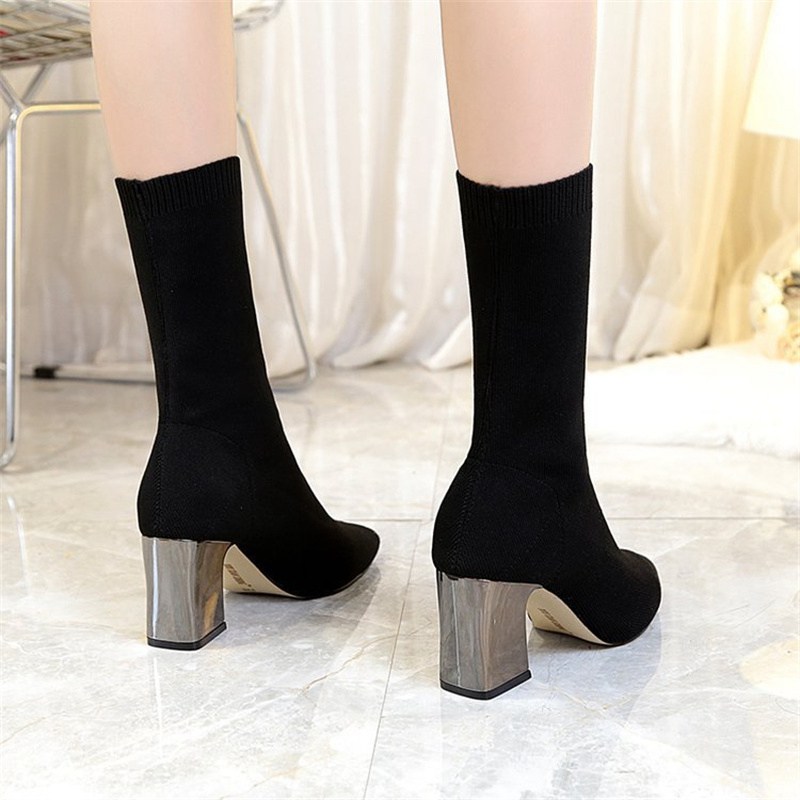 Z 2024 Autumn New Pointed Toe Dr. Martens Boots Chunky Heel High Heel Female Boots Skinny Leg Black Wool Tube Elastic Booties - Image 3