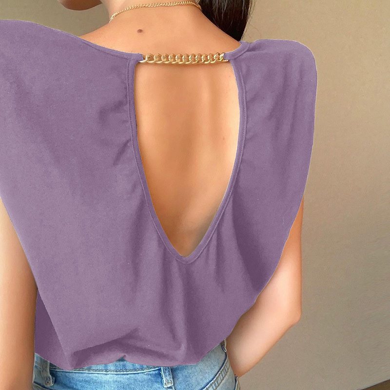 Padded Shoulder Chain Backless T-shirt Female European and American Spring and Summer Leisure Comfortable Elegant Fashion Loose Outer Tops - Image 6