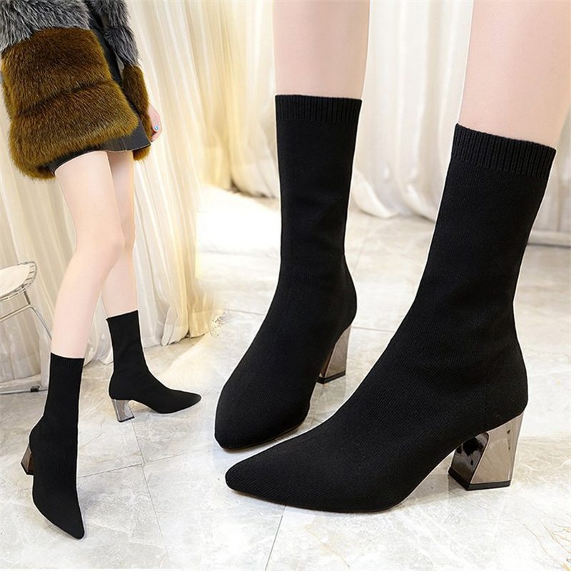 Z 2024 Autumn New Pointed Toe Dr. Martens Boots Chunky Heel High Heel Female Boots Skinny Leg Black Wool Tube Elastic Booties - Image 4