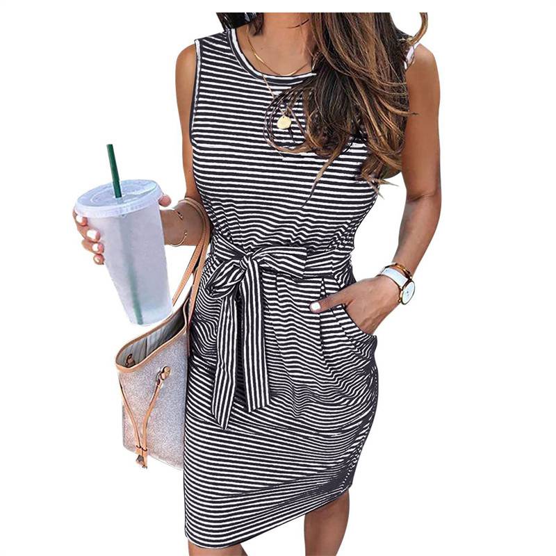 2024 Amazon Spring and Summer New Cross-Border Foreign Trade round Neck Sleeveless Striped T-shirt Tie Waist Vest Dress Women's Clothing - Image 5