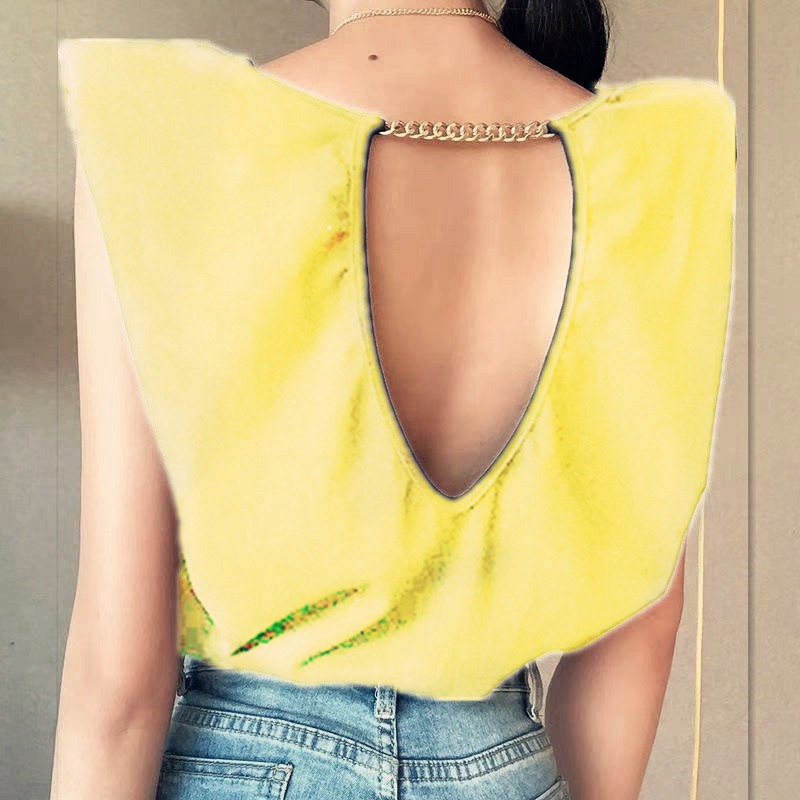 Padded Shoulder Chain Backless T-shirt Female European and American Spring and Summer Leisure Comfortable Elegant Fashion Loose Outer Tops - Image 5