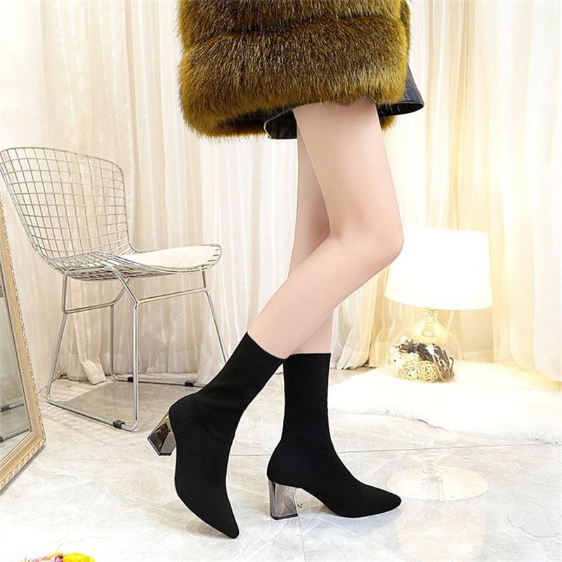 Z 2024 Autumn New Pointed Toe Dr. Martens Boots Chunky Heel High Heel Female Boots Skinny Leg Black Wool Tube Elastic Booties - Image 5