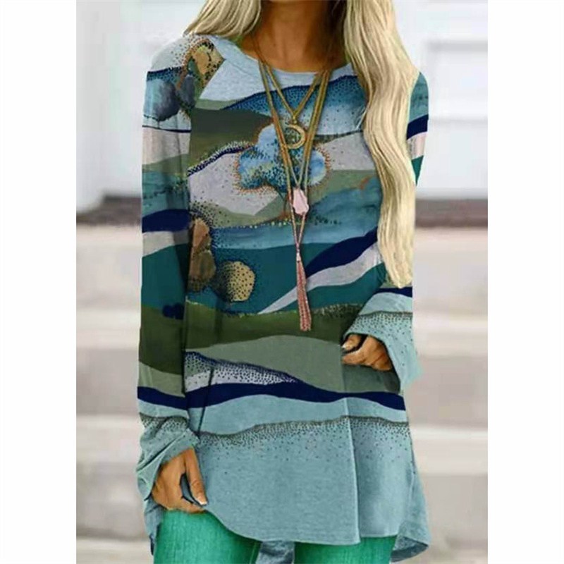 European and American New Wish Amazon Aliexpress Women's Fashion Clothing Landscape Printing Long-Sleeved T-shirt Blouse - Image 16