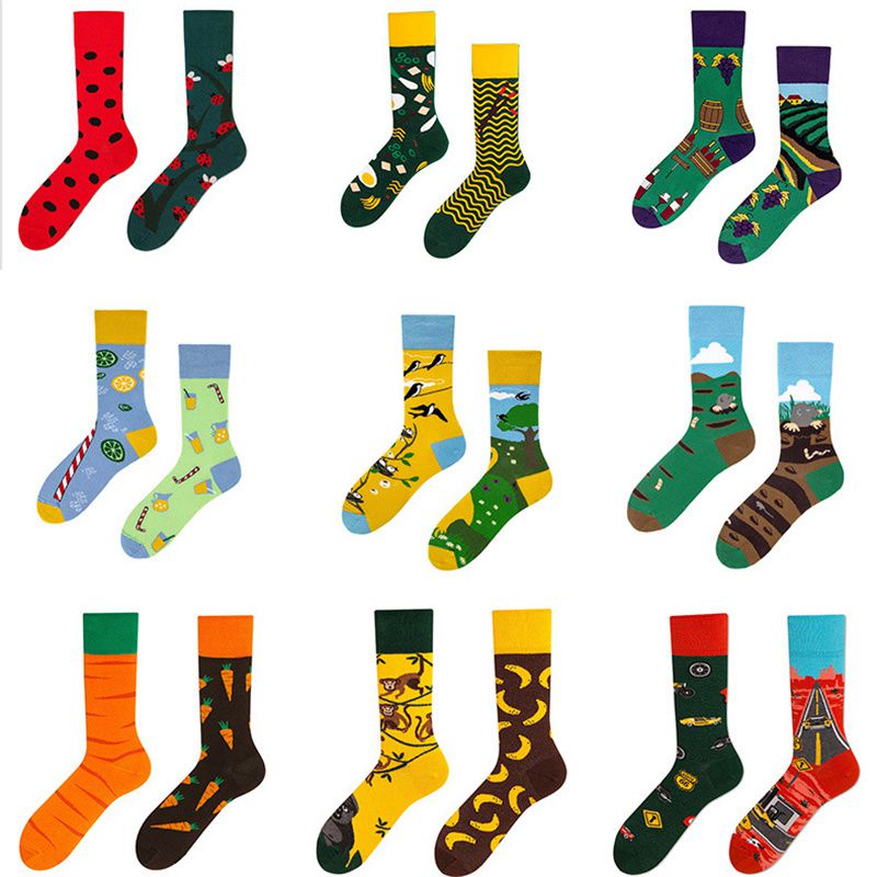 Autumn and Winter New Creative Couple AB Trendy Socks Fashion Personality Trend Cartoon Jacquard Mid-Calf Asymmetric Cotton Socks - Image 15