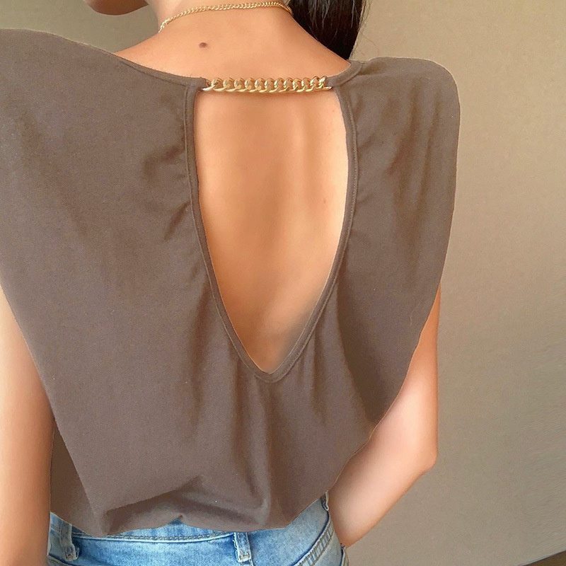 Padded Shoulder Chain Backless T-shirt Female European and American Spring and Summer Leisure Comfortable Elegant Fashion Loose Outer Tops - Image 4