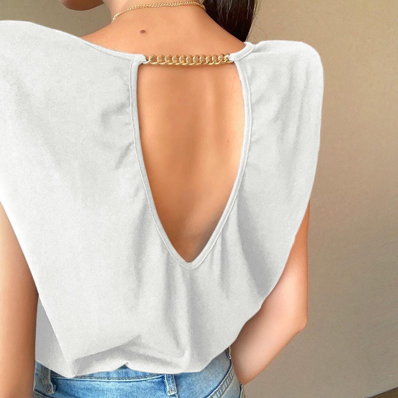 Padded Shoulder Chain Backless T-shirt Female European and American Spring and Summer Leisure Comfortable Elegant Fashion Loose Outer Tops - Image 3