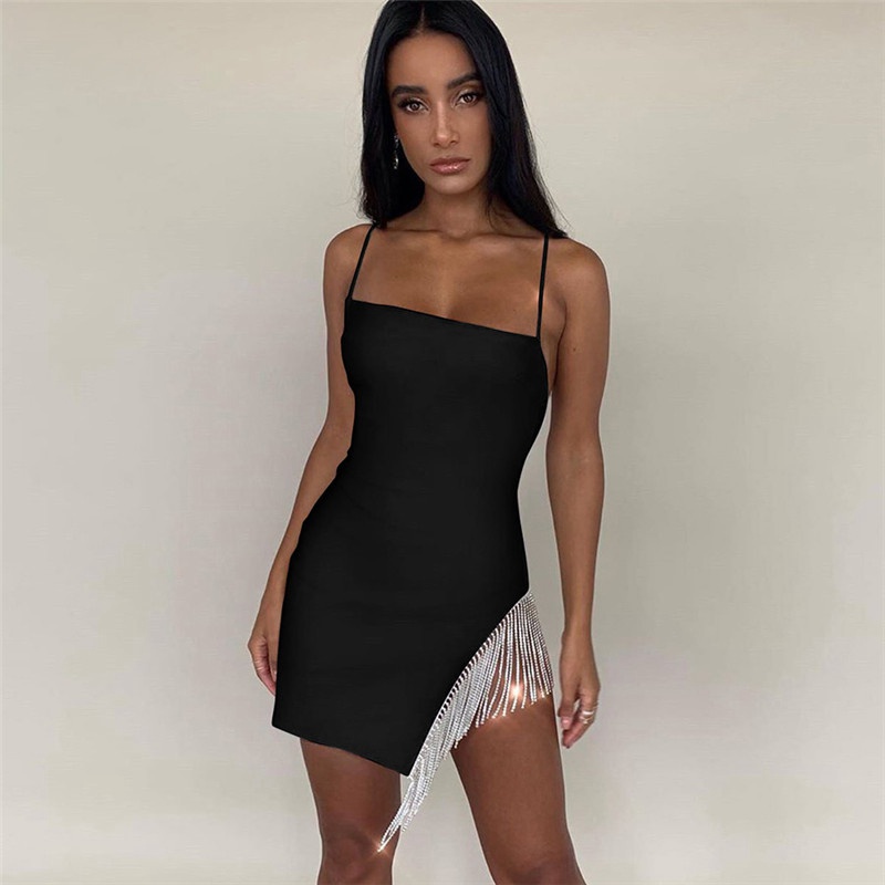 Tassel Sexy Solid Strapless Sleeveless Patchwork Bodycon Dress New Summer Fashion Elegant Senior Club Party Mini Dress