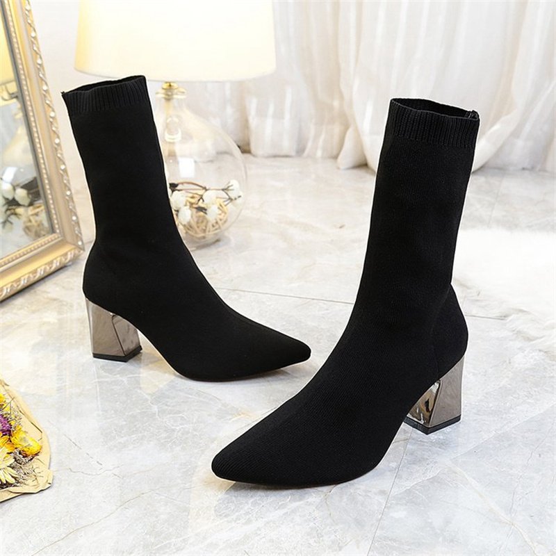 Z 2024 Autumn New Pointed Toe Dr. Martens Boots Chunky Heel High Heel Female Boots Skinny Leg Black Wool Tube Elastic Booties - Image 7