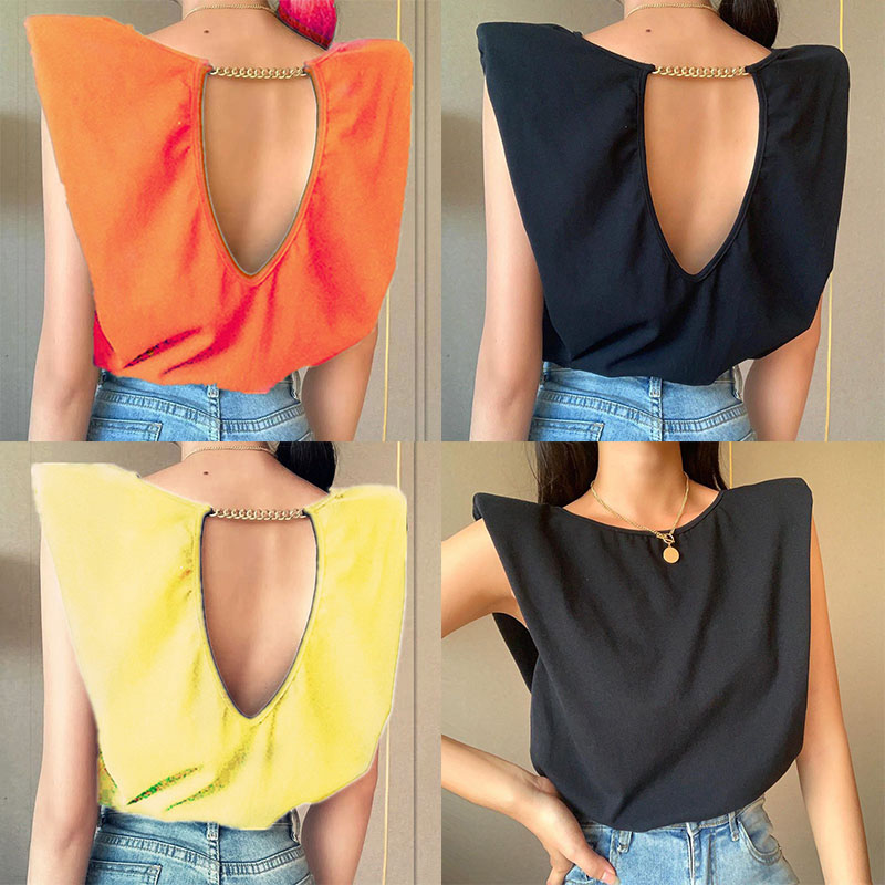 Padded Shoulder Chain Backless T-shirt Female European and American Spring and Summer Leisure Comfortable Elegant Fashion Loose Outer Tops - Image 12
