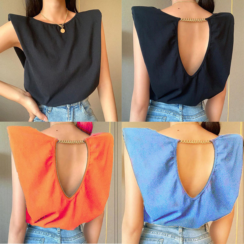 Padded Shoulder Chain Backless T-shirt Female European and American Spring and Summer Leisure Comfortable Elegant Fashion Loose Outer Tops - Image 13