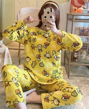 Flannel Women Pajamas Sets New 2024 Autumn Winter Warm Thick Coral Velvet Long Sleeve Cartoon Sleepwear Home Pijamas Set Girl