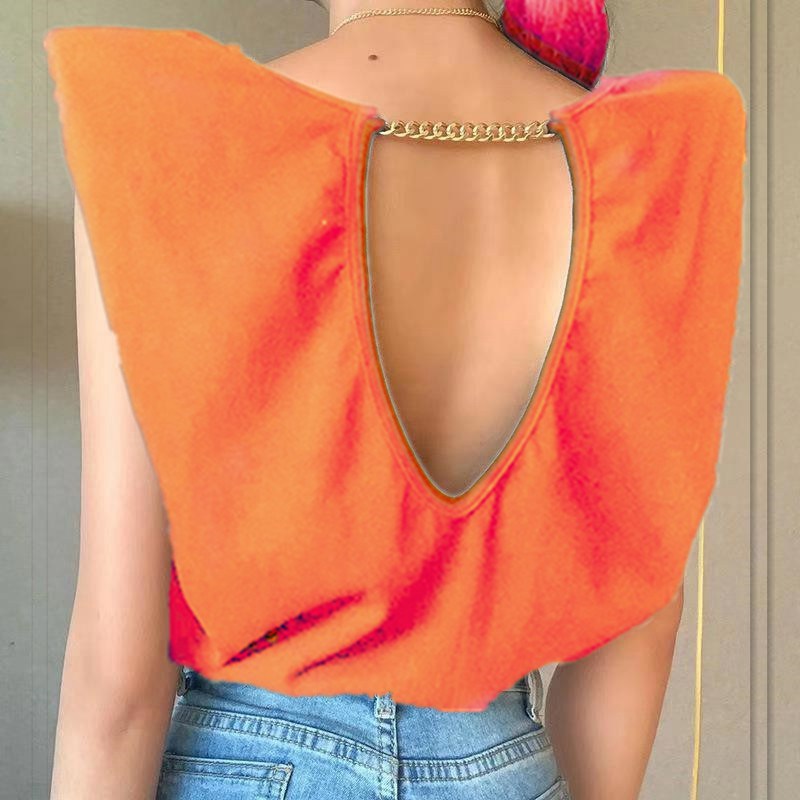 Padded Shoulder Chain Backless T-shirt Female European and American Spring and Summer Leisure Comfortable Elegant Fashion Loose Outer Tops